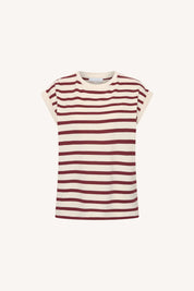 Tobi stripe top rood en wit met omgeslagen zoom aan mouw van By-Bar