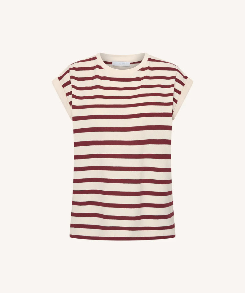 Tobi stripe top rood en wit met omgeslagen zoom aan mouw van By-Bar