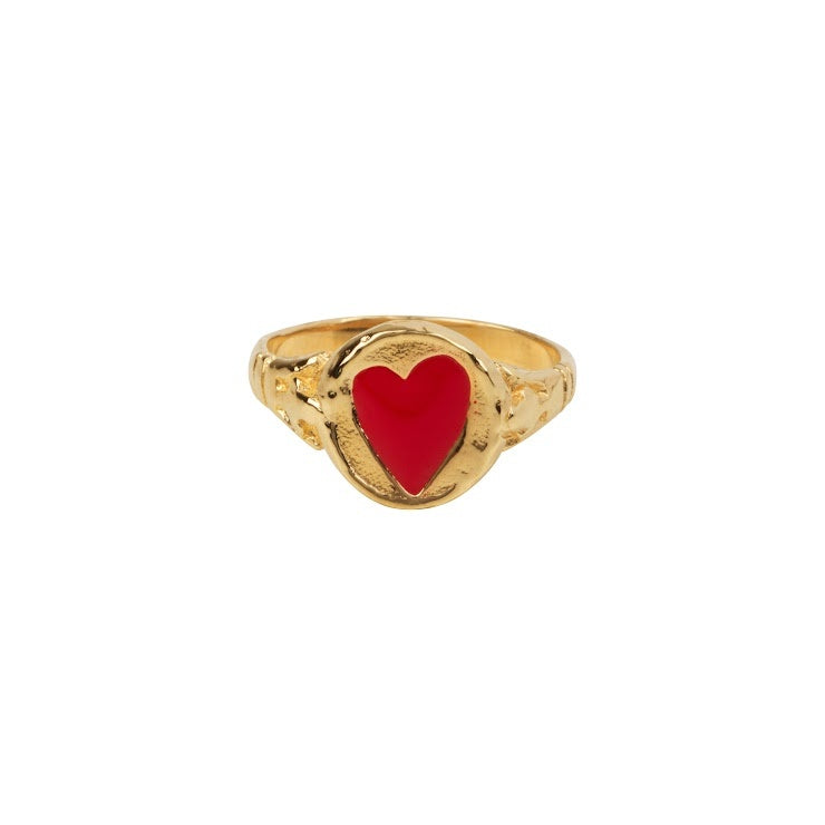 R2510 Signet Ring Heart - Gold Plated Red