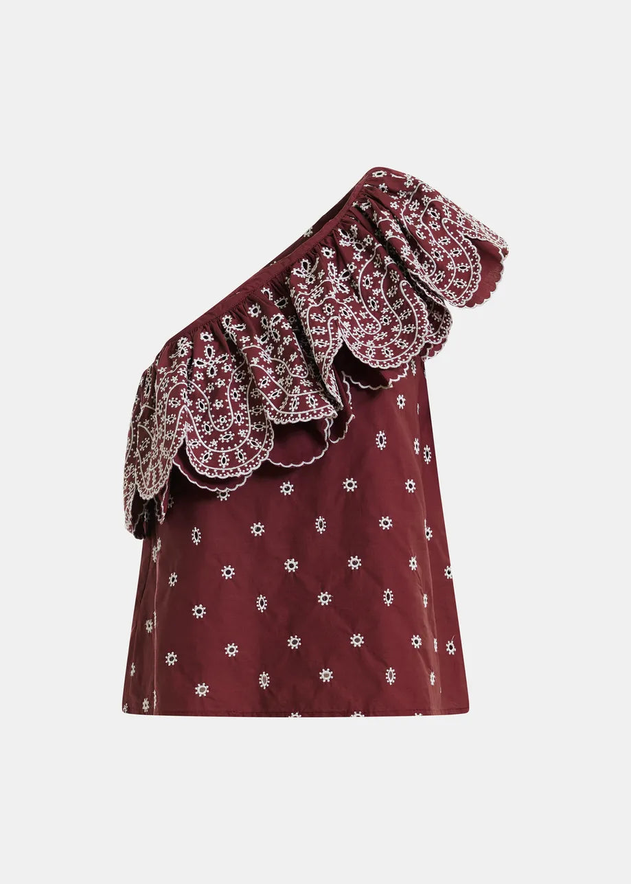 Kath scallop edge top off shoulder en borduur details van Essentiel Antwerp