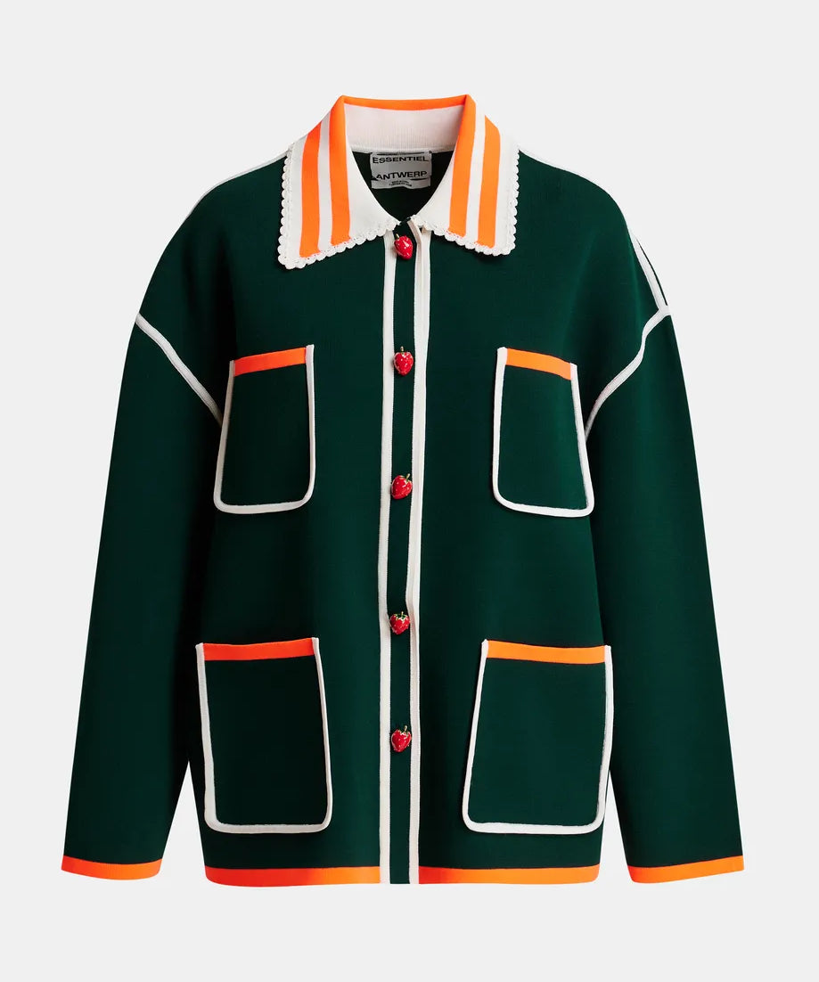 Kokorico knitted cardigan met borduursels en knopen in de vorm van een aardbei van Essentiel Antwerp