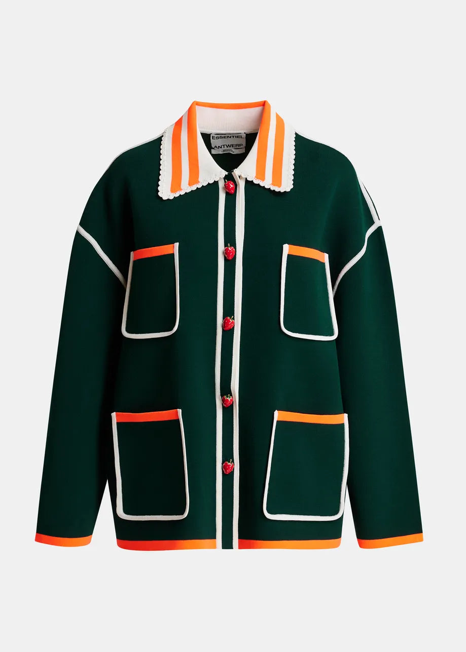 Kokorico knitted cardigan met borduursels en knopen in de vorm van een aardbei van Essentiel Antwerp