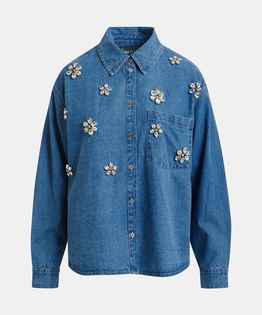 Konnection rhinestone shirt denim look met stras steentjes in de vorm van bloemen van Essentiel Antwerp