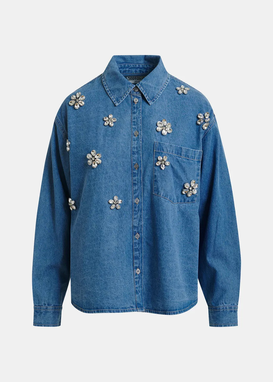 Konnection rhinestone shirt denim look met stras steentjes in de vorm van bloemen van Essentiel Antwerp