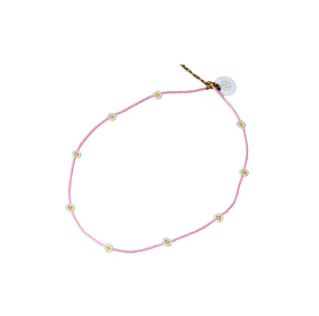 Ketting - Roze kralen met witte bloemetjes