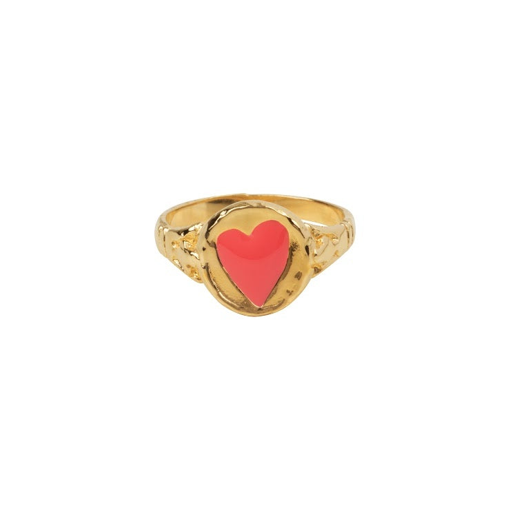 R2510 Signet Ring Heart - Gold Plated Neon Pink