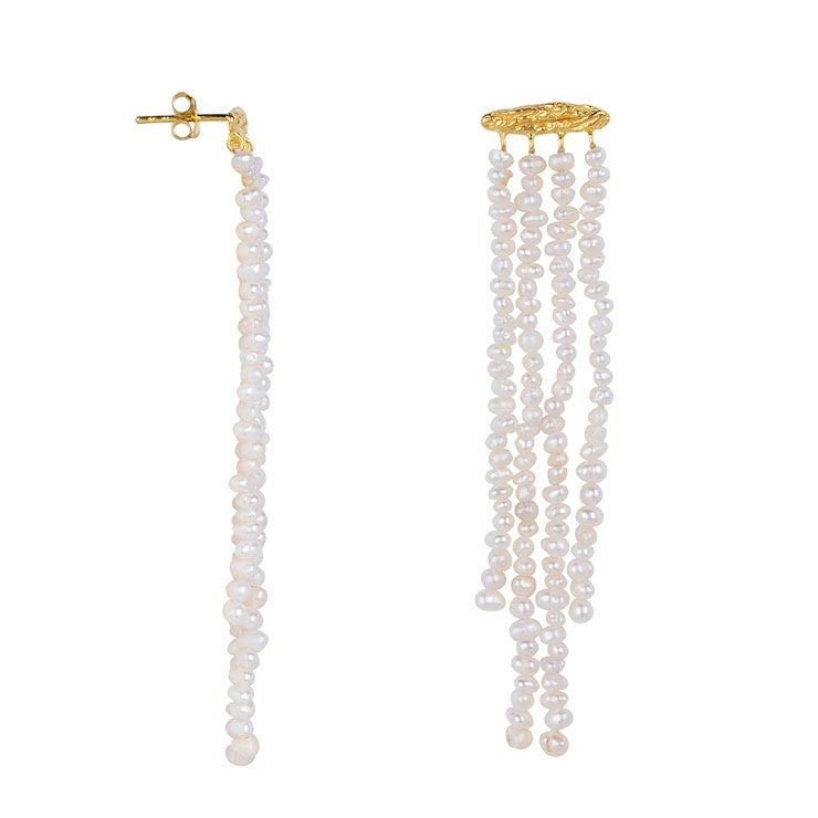 E2463 Hammered Hanging Pearls Stud Earring - Gold Plated